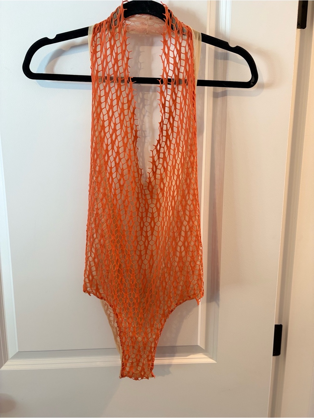 Designer Sheer Orange Fishnet mesh soft Bodysuit teddy